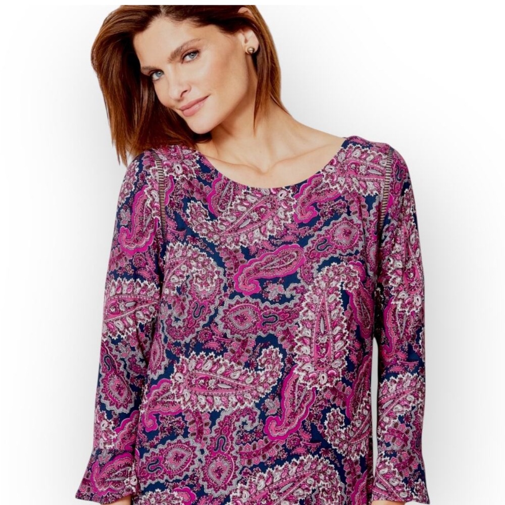 Talbots Fuchsia Purple Paisley Three-Quarter Peplum Sleeve Crepe Blouse NWOT 2X